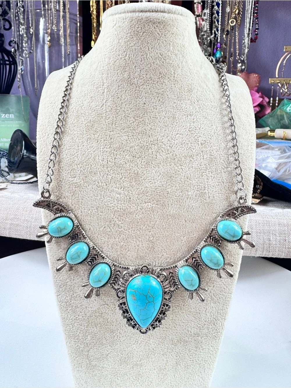 Free People Silver-Tone Necklace with Faux Turquoise Cabochons